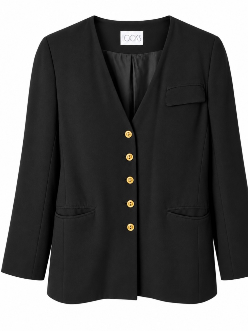 LOOKS Black Collarless Blazer Gold Buttons Lightweight Jacket